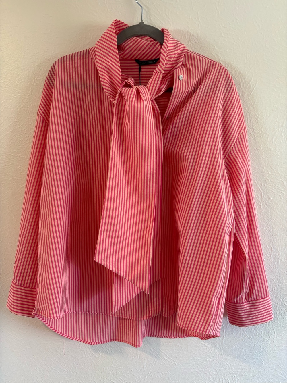 Zara Pink and White Striped Tie-Neck Blouse